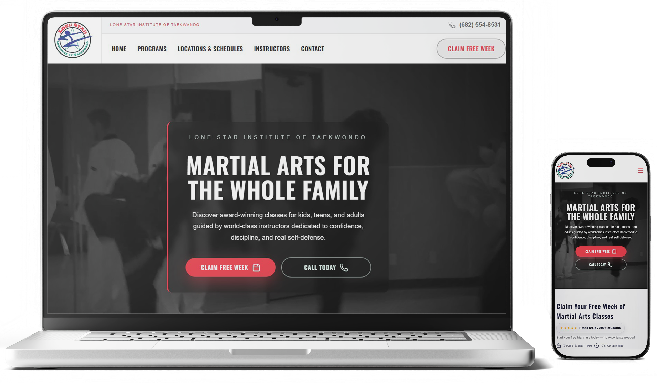 Laptop and phone mockup of the Lone Star Institute of Taekwando website.