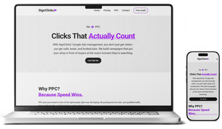 Laptop and phone mockup of the SignClicks PPC website.