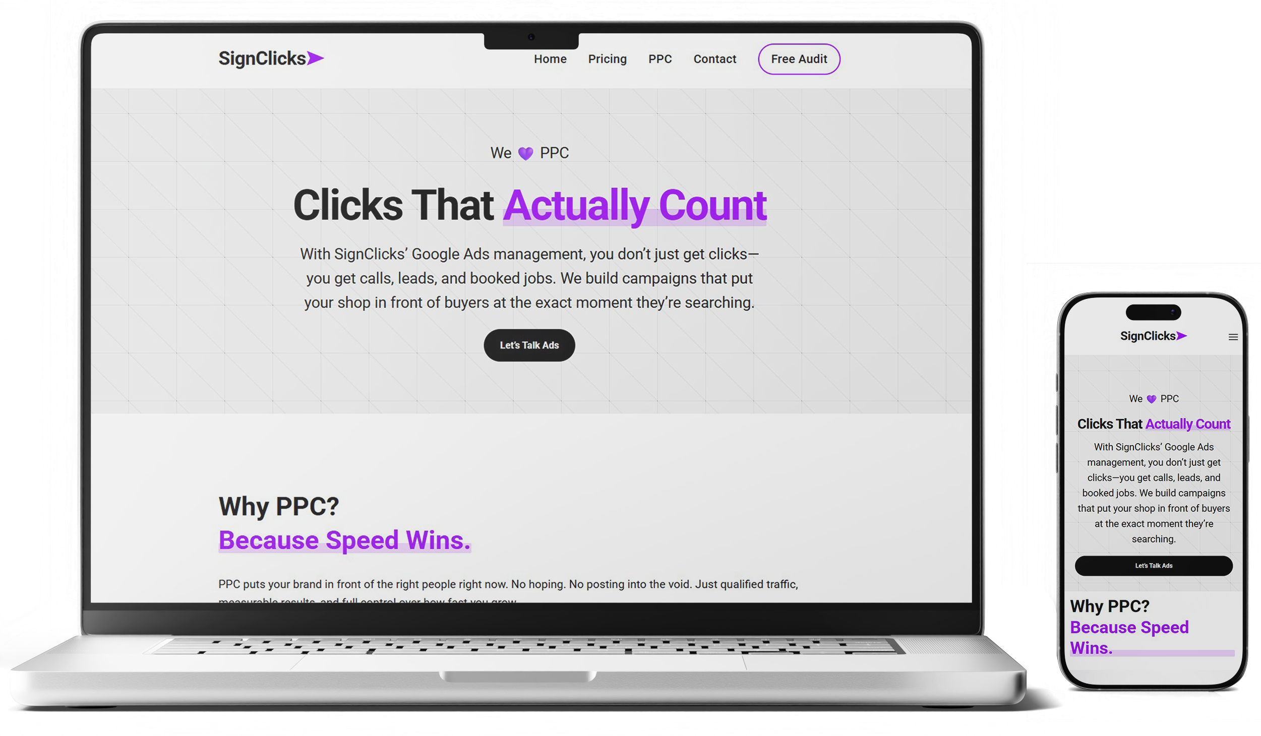 Laptop and phone mockup of the SignClicks PPC website.