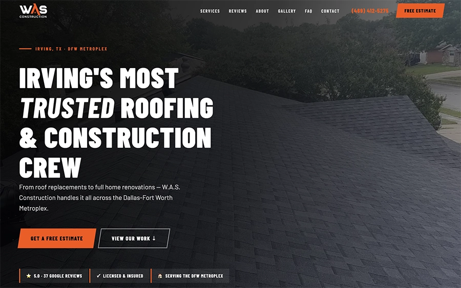 WAS Construction website screenshot