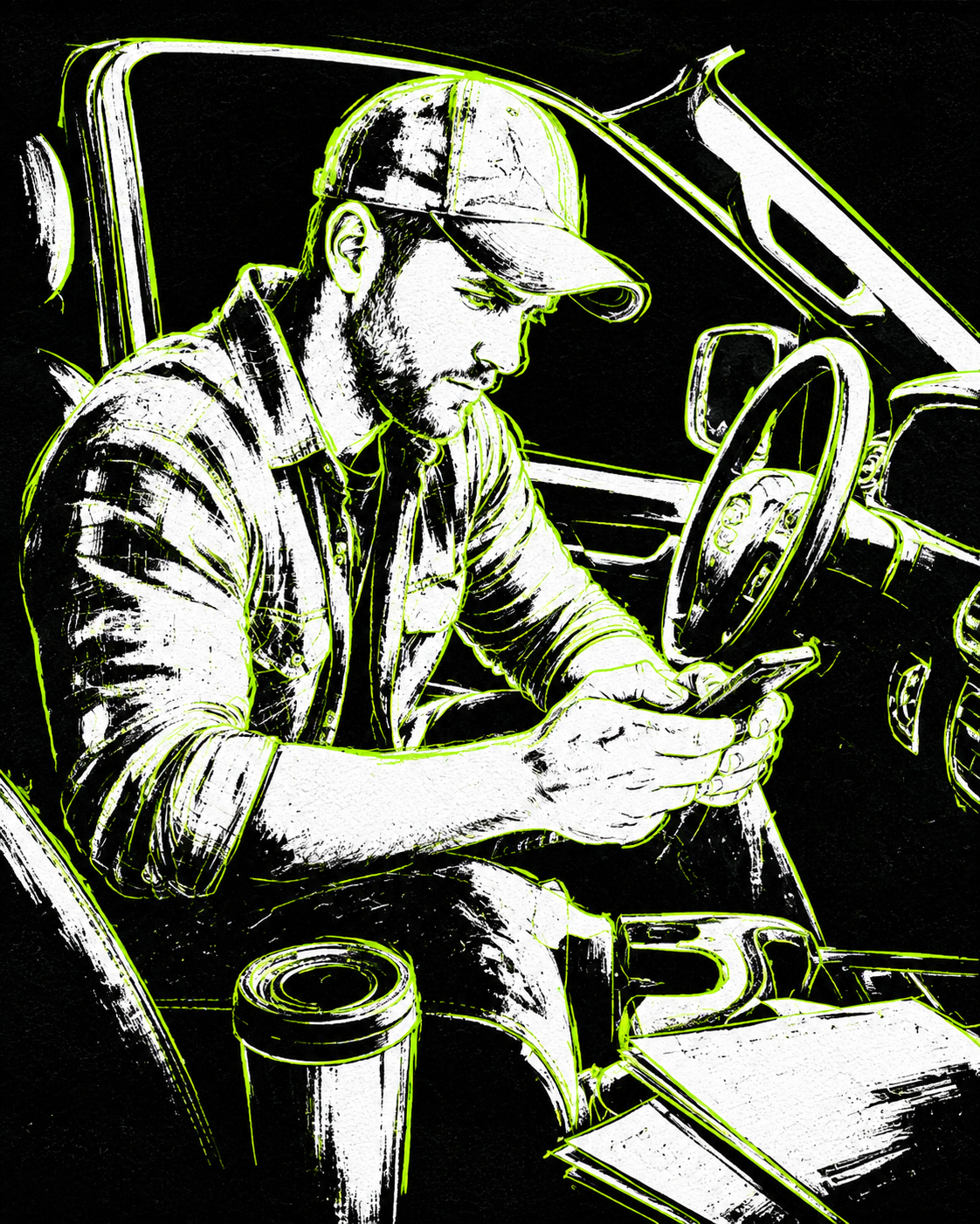 Contractor in truck checking reviews on phone